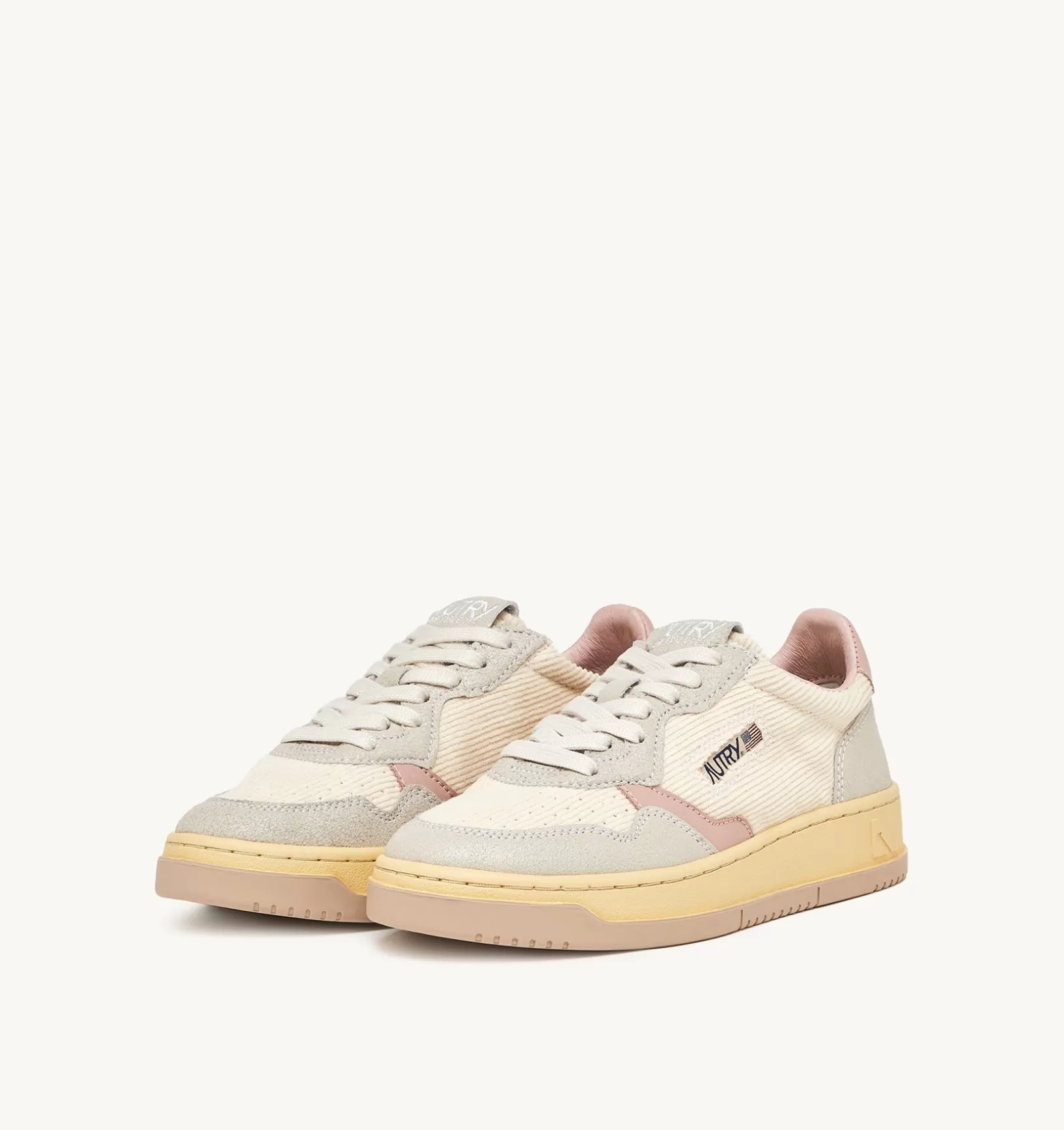 AUTRY Sneakers Medalist Low In Velluto A Costine Avorio E Pelle Grigia E Rosa^Donna Medalist