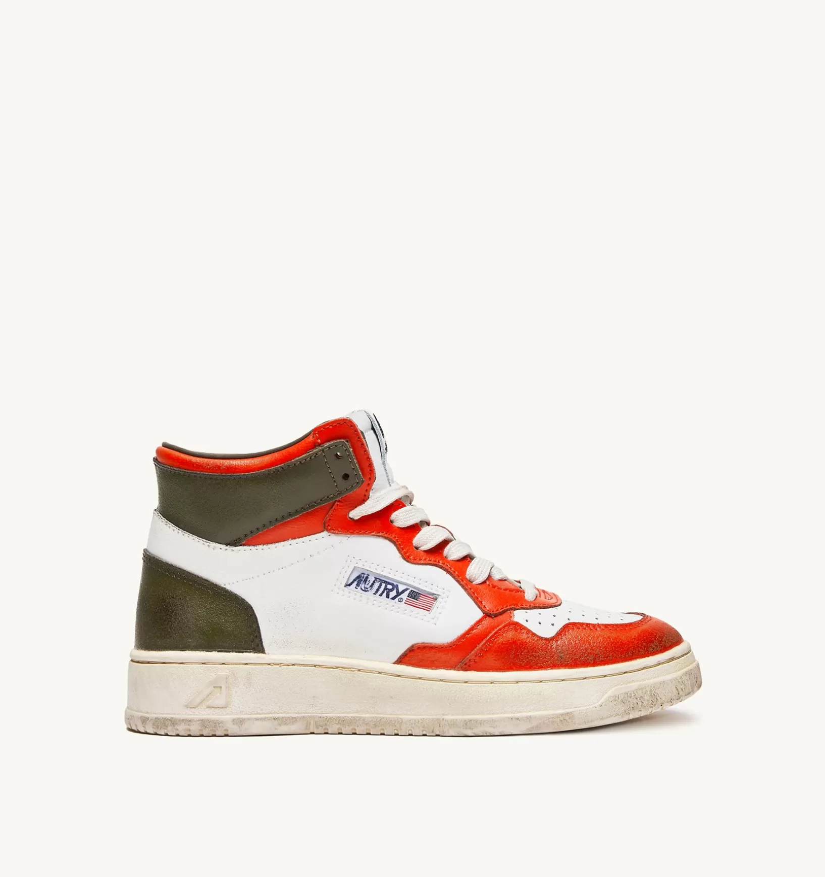 AUTRY Sneakers Medalist Mid Super Vintage In Pelle Bianco Arancione Military^Uomo Super Vintage