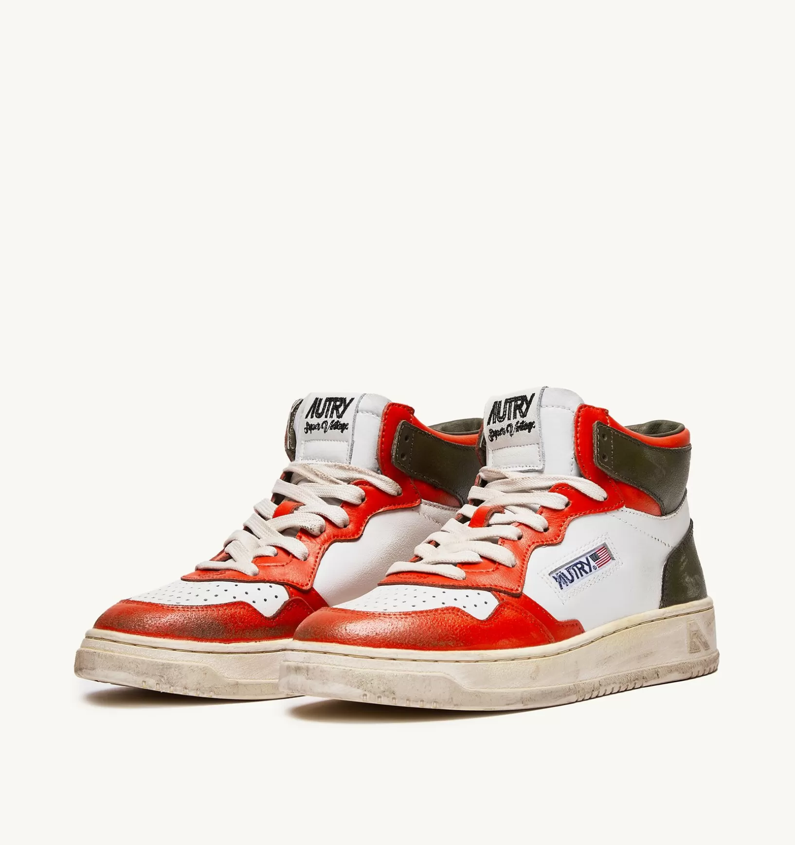 AUTRY Sneakers Medalist Mid Super Vintage In Pelle Bianco Arancione Military^Uomo Super Vintage