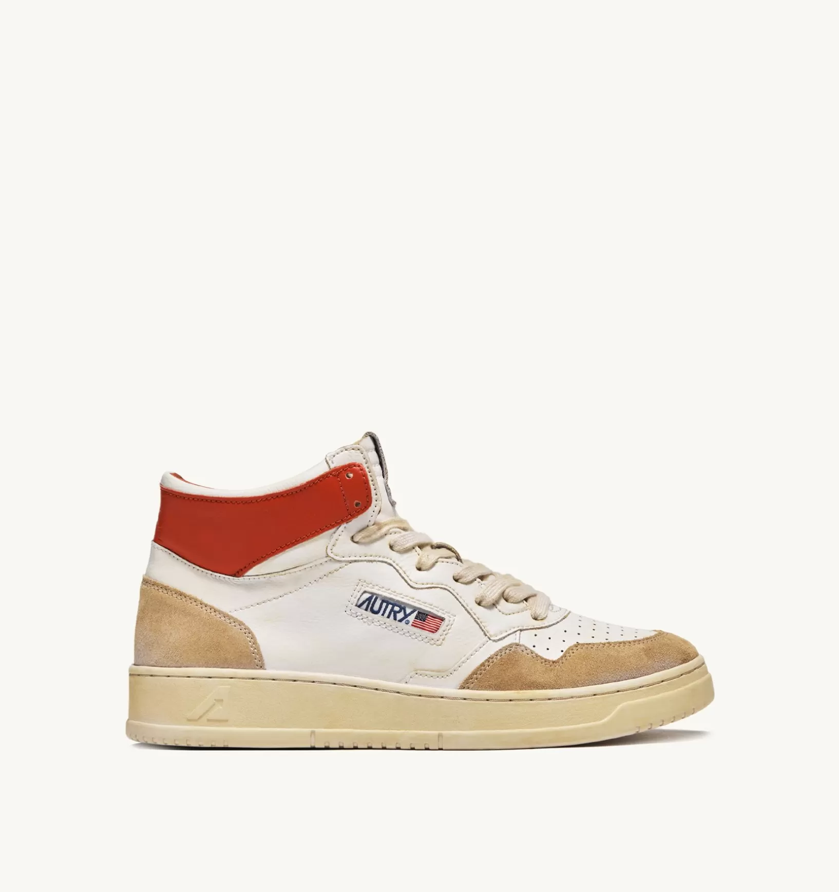 AUTRY Sneakers Medalist Mid Super Vintage In Pelle Yellowing Bianco Arancio^Uomo Super Vintage