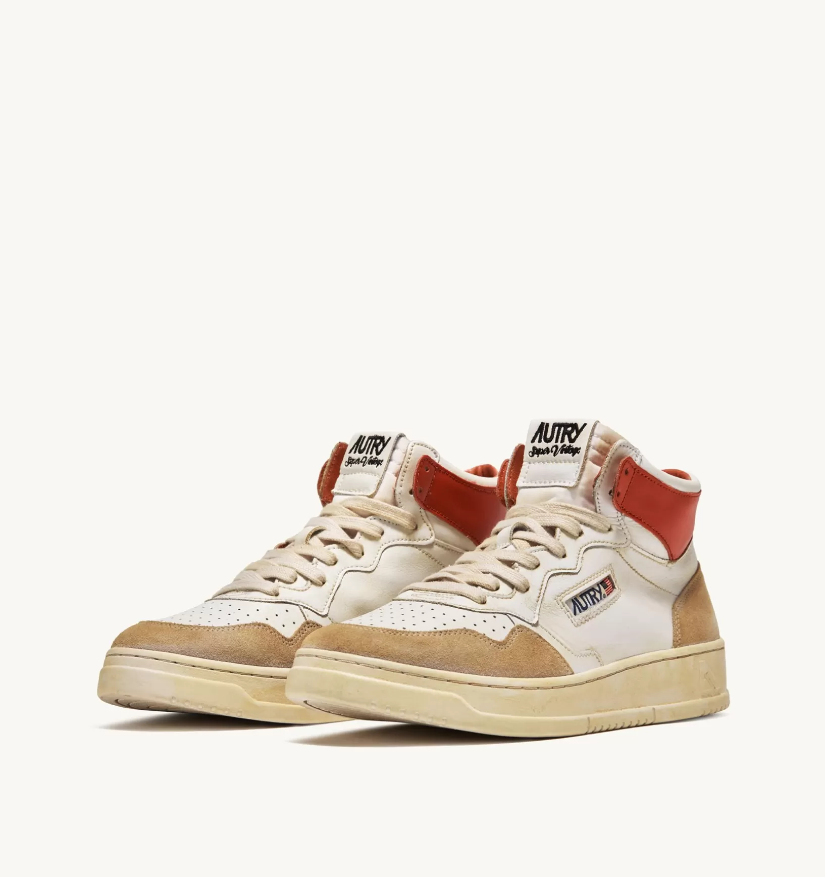 AUTRY Sneakers Medalist Mid Super Vintage In Pelle Yellowing Bianco Arancio^Uomo Super Vintage