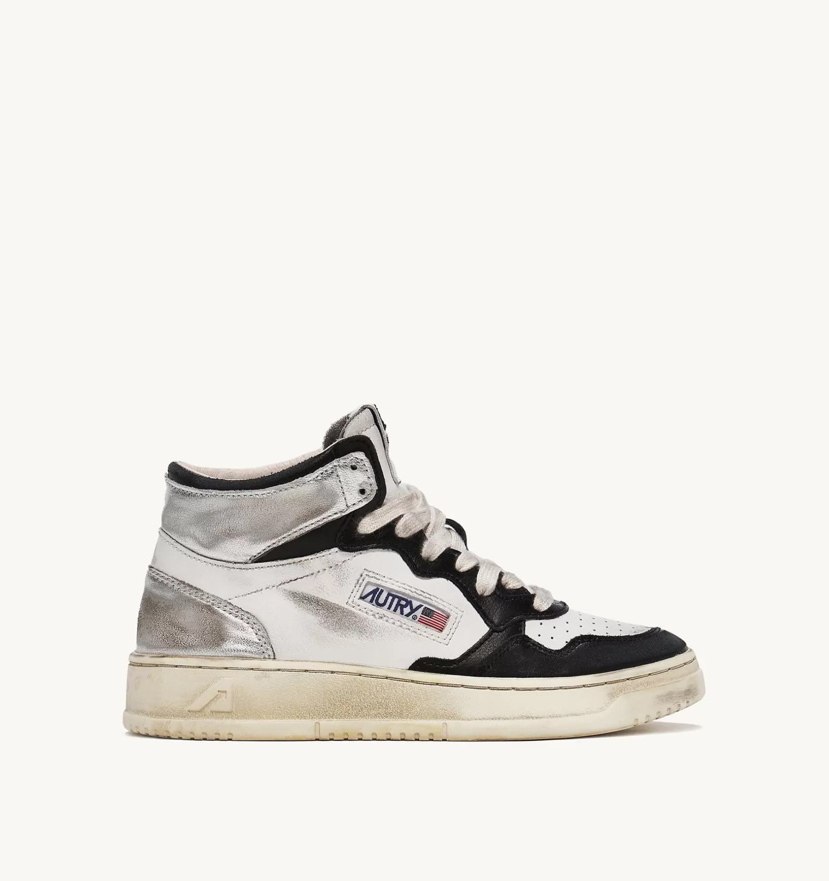 AUTRY Sneakers Super Vintage Mid In Pelle Bianco Nero Argento^Donna Super Vintage