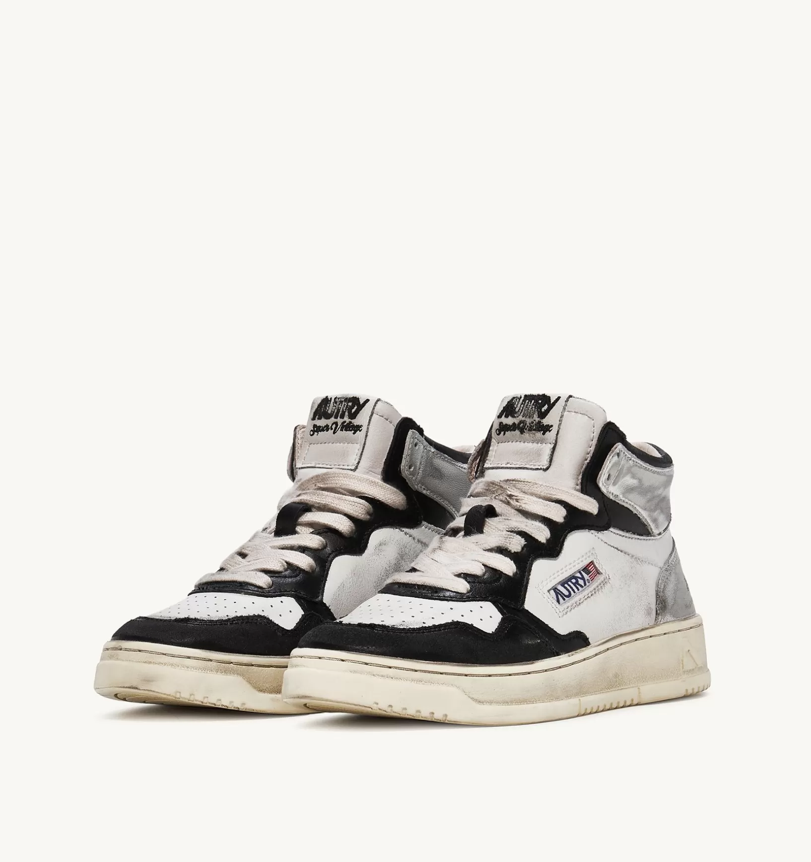 AUTRY Sneakers Super Vintage Mid In Pelle Bianco Nero Argento^Donna Super Vintage